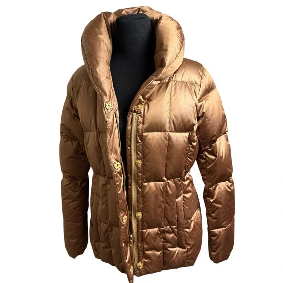 Lands’ End Women’s SZ M Gold Metallic Down Puffer Coat W/ Belt Preppy Office EUC - Picture 9 of 12